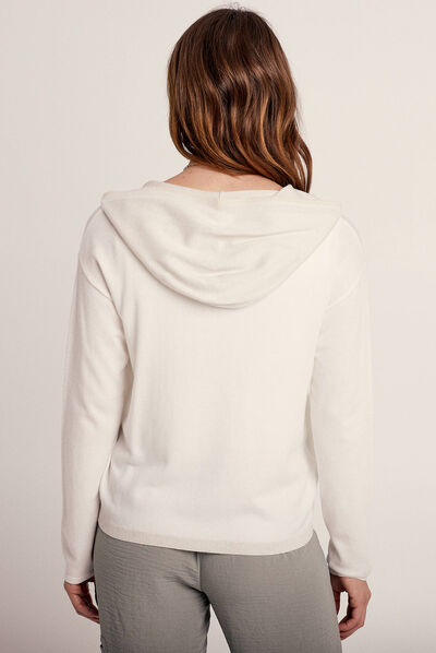 Gilet manches longues à capuche ecru femme