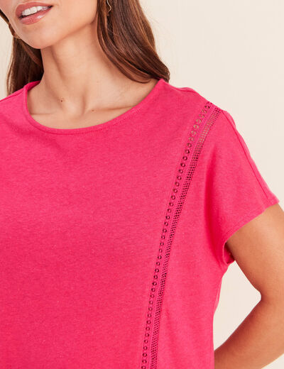 T-shirt col rond macram&eacute; manches courtes rose fushia femme