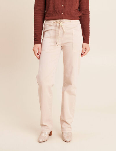 Pantalon taille haute coupe droite denim beige femme