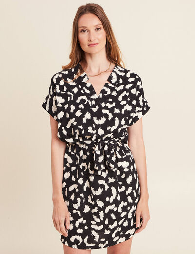 Robe droite courte col V manches courtes noir femme