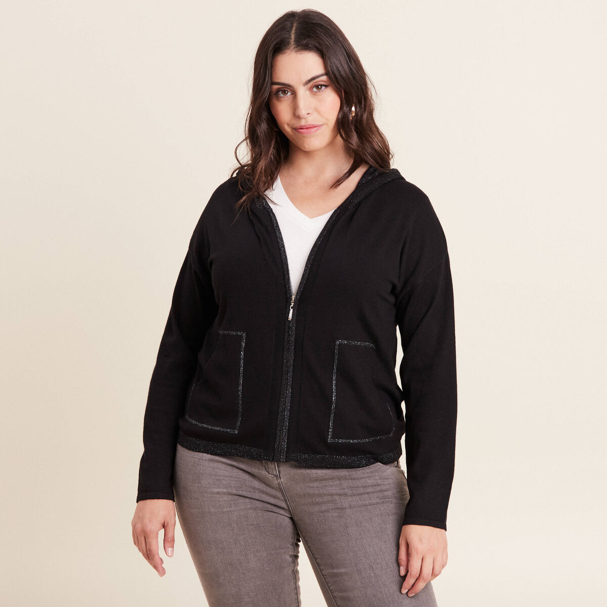 Gilet manches longues à capuche noir femme
