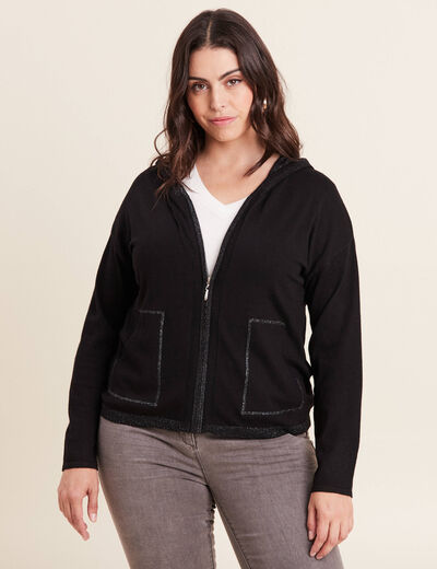 Gilet manches longues à capuche noir femme
