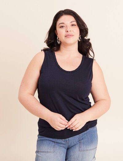 D&eacute;bardeur col rond sans manches tress&eacute; bleu fonc&eacute; femme