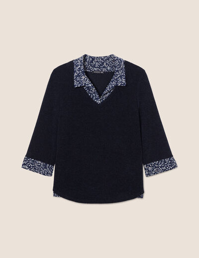 T-shirt manches 3/4 2-en-1 bleu marine femme