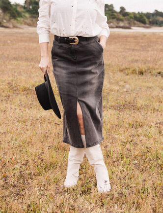 Jupe crayon en jean denim gris femme