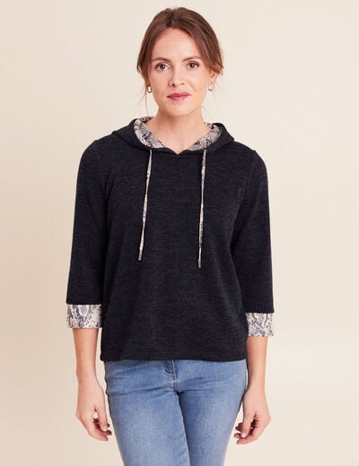 Sweat &agrave; capuche manches 3/4 bleu marine femme