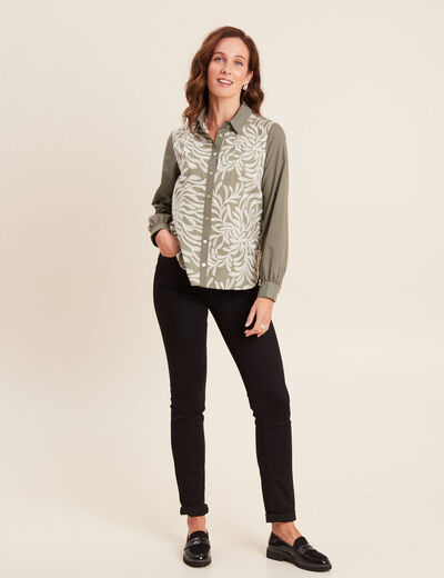 Chemise manches longues brodée vert olive femme