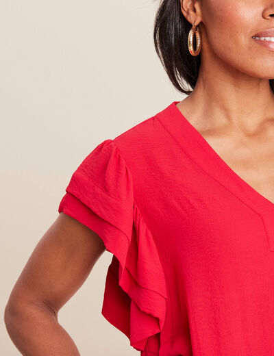 Blouse manches courtes volants rouge femme