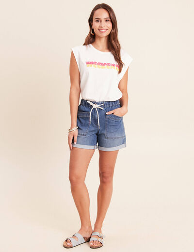 T-shirt col rond sans manches ecru femme