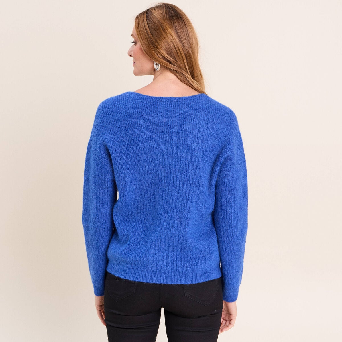 Pull col v bleu electrique femme