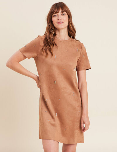 Robe droite courte avec strass marron clair femme