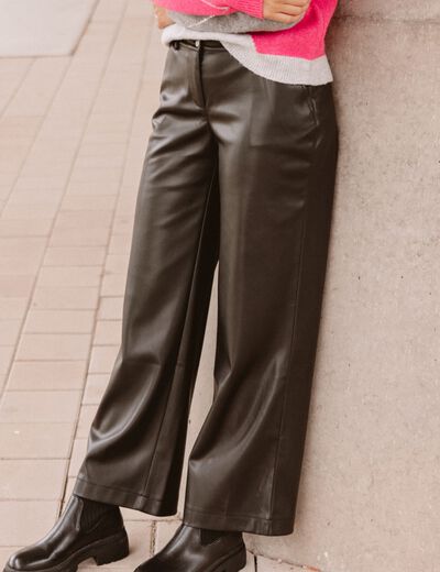 Pantalon taille bascul&eacute;e similicuir noir femme