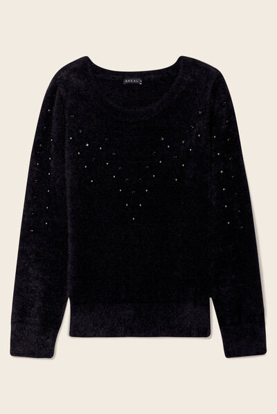 Pull manches longues strass noir femme