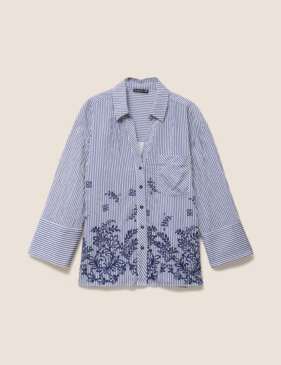 Chemise droite manches 3/4 fluide bleu femme