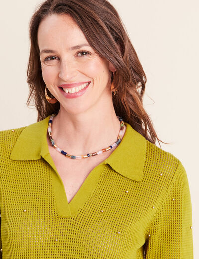 Polo ajour&eacute; col chemise manches courtes vert olive femme