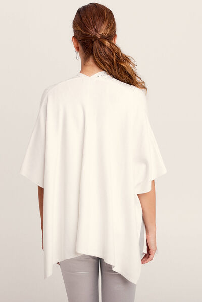 Poncho avec strass ecru femme