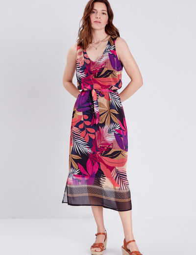 Robe longue droite ceinturée rose femme