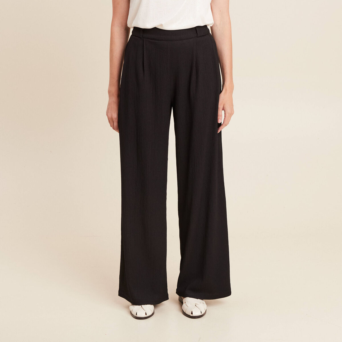Pantalon large taille haute noir femme