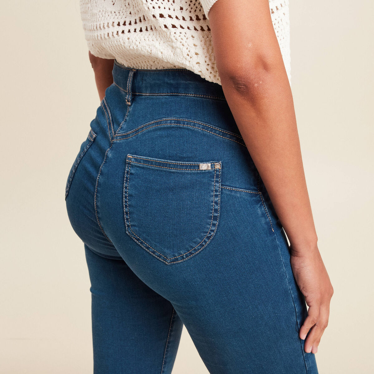 Jeans léger taille haute long denim double stone femme