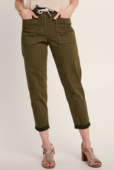 Pantalon flou à coulisse vert olive femme