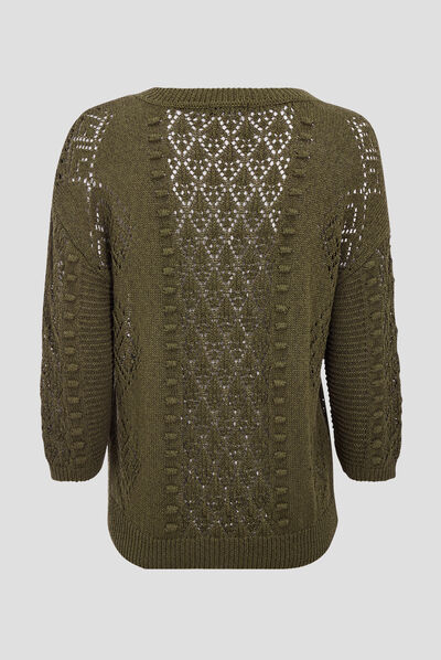 Pull à manches 3/4 vert olive femme
