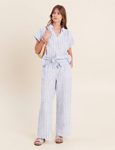 Pantalon large taille haute bleu femme