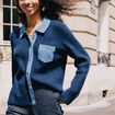 Veste col chemise manches longues bleu fonc&eacute; femme