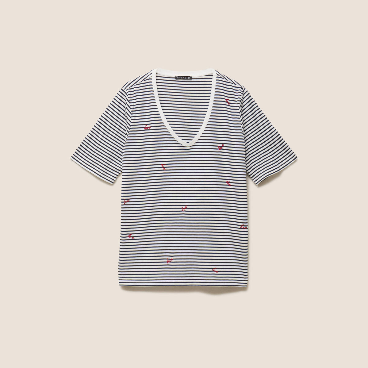 T-shirt droit broderie manches courtes bleu femme