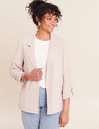 Veste longue droite col tailleur gris clair femme