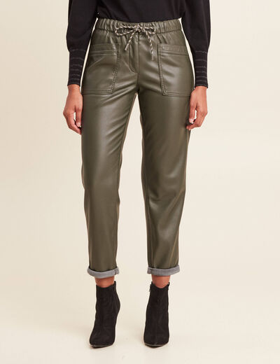 Pantalon paperbag simili cuir vert kaki femme