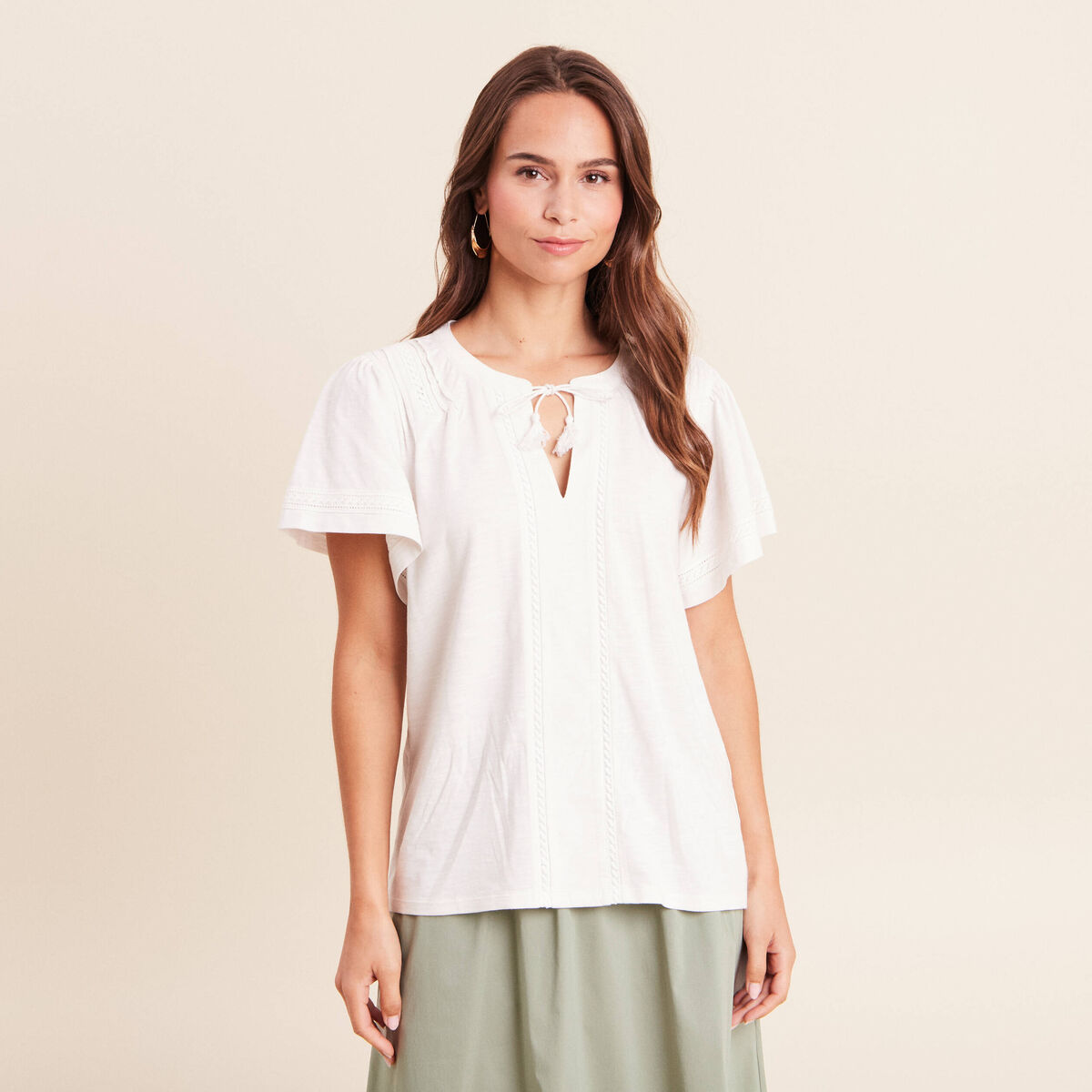 Blouse col tunisien manches courtes ecru femme