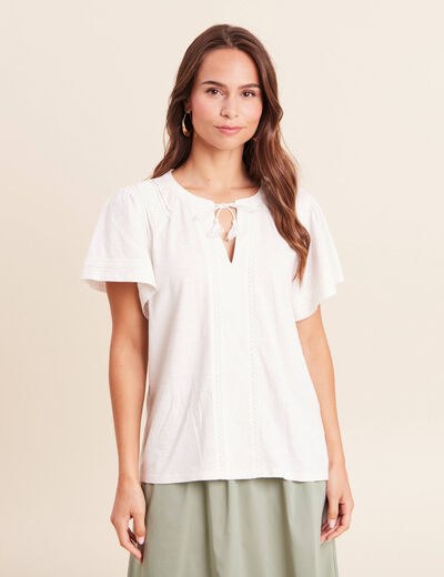 Blouse col tunisien manches courtes ecru femme