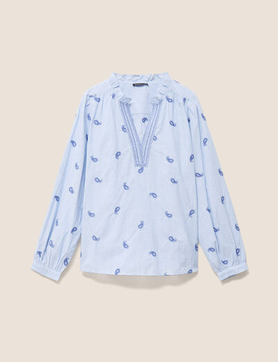 Blouse ample manches longues fluide bleu femme