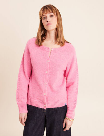 Gilet manches longues col rond rose fushia femme