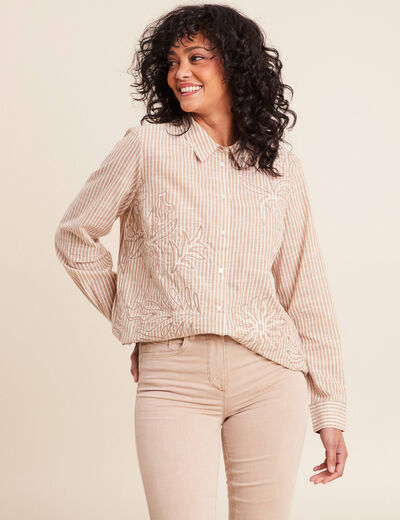 Chemise en coton brod&eacute;e manches longues marron femme