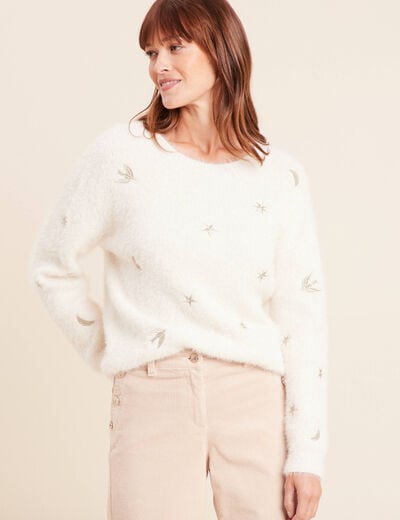 Pull brod&eacute; manches longues ecru femme