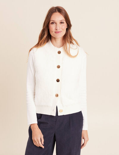 Gilet sans manches duveteux ecru femme