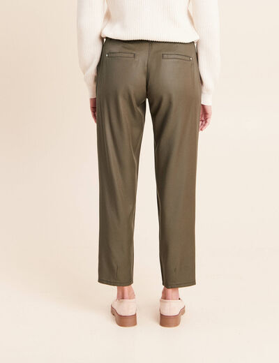 Pantalon coupe chino 7/8&egrave;me effet enduit vert kaki femme