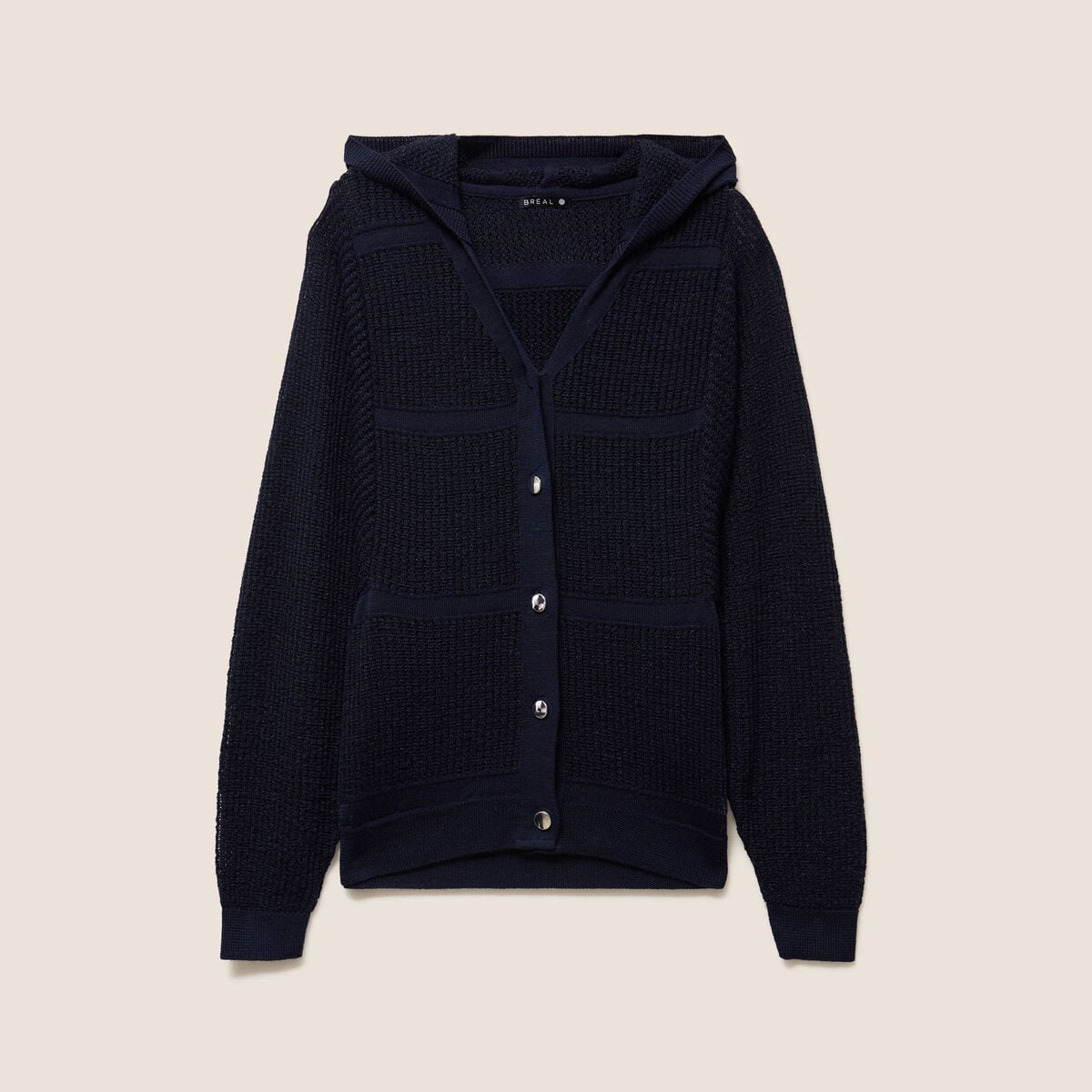 Gilet ajour&eacute; &agrave; capuche manches longues bleu marine femme