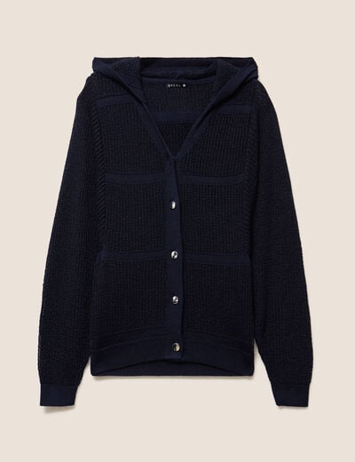 Gilet ajour&eacute; &agrave; capuche manches longues bleu marine femme