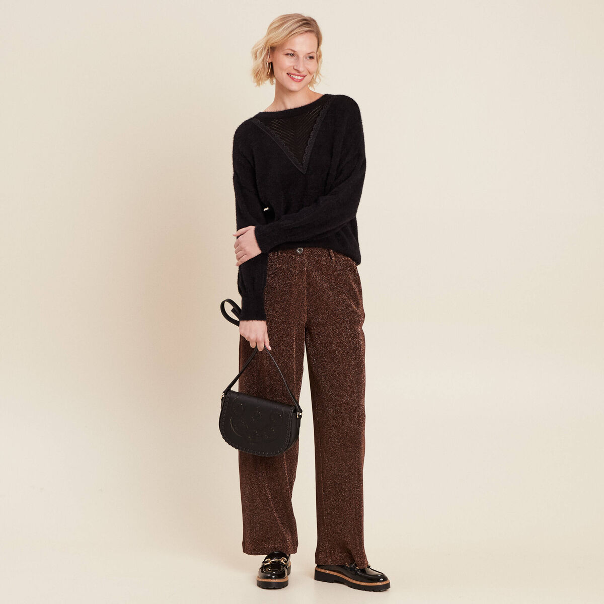 Pantalon flou effet tricoté couleur cuivre femme