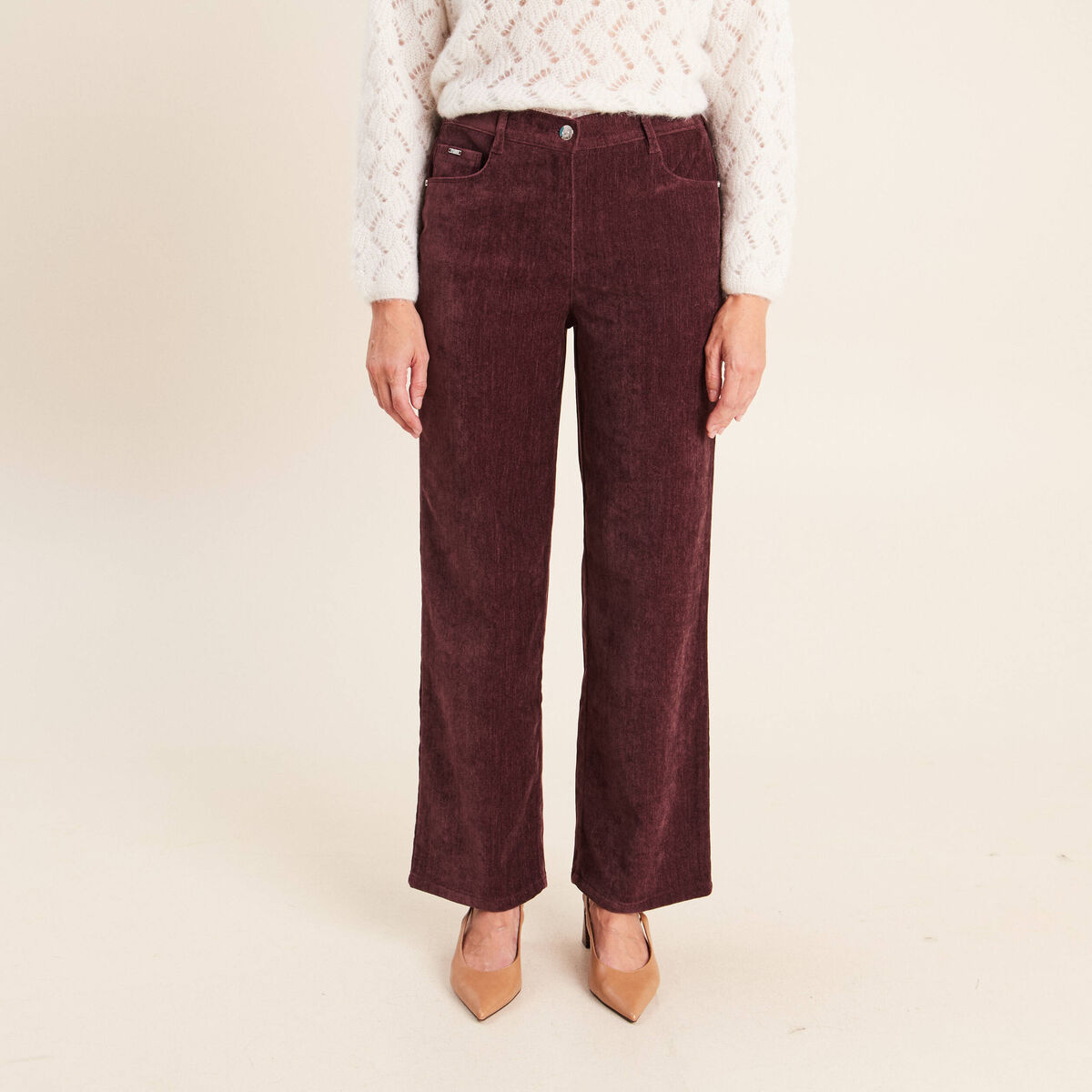 Jean taille haute en velours bordeaux femme