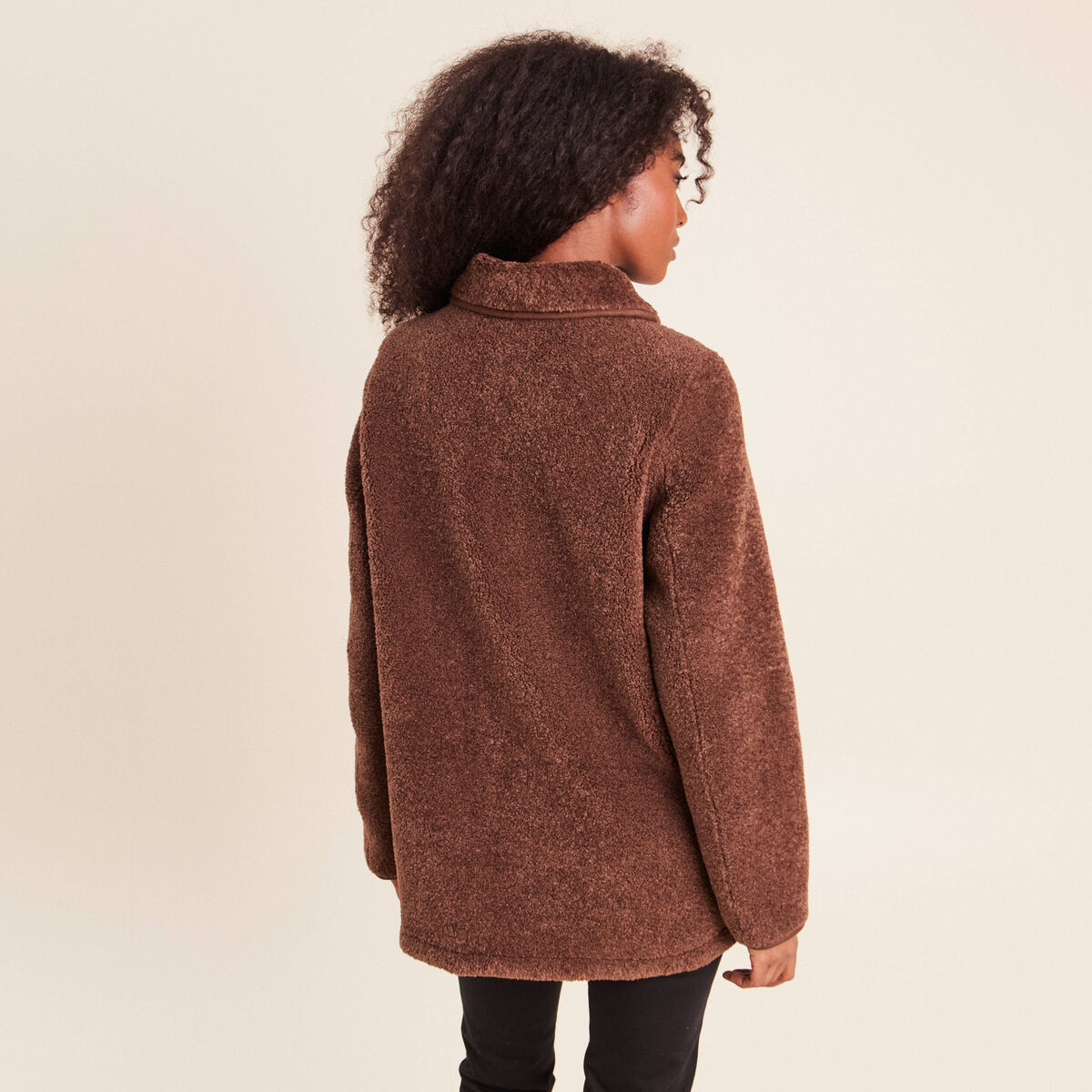 Manteau bouclette doubl&eacute; manches longues marron fonc&eacute; femme