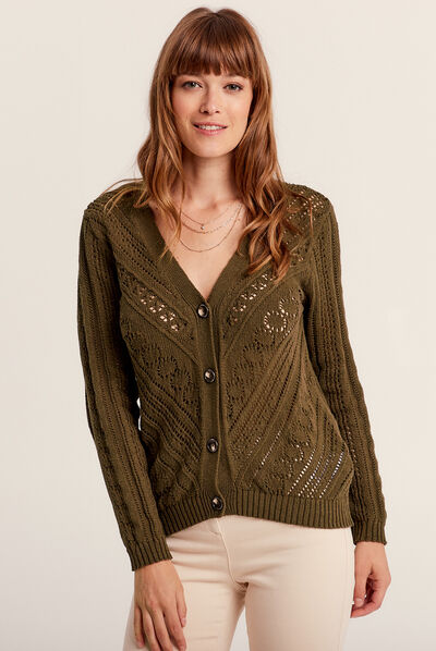 Gilet ajouré manches longues vert olive femme