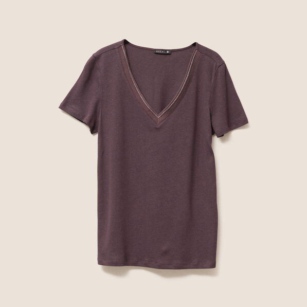 T-shirt manches courtes col en V marron foncé femme