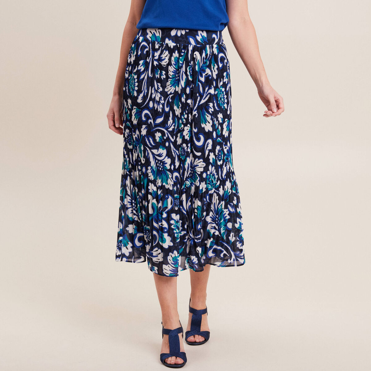 Jupe longue plissée imprimée bleu femme