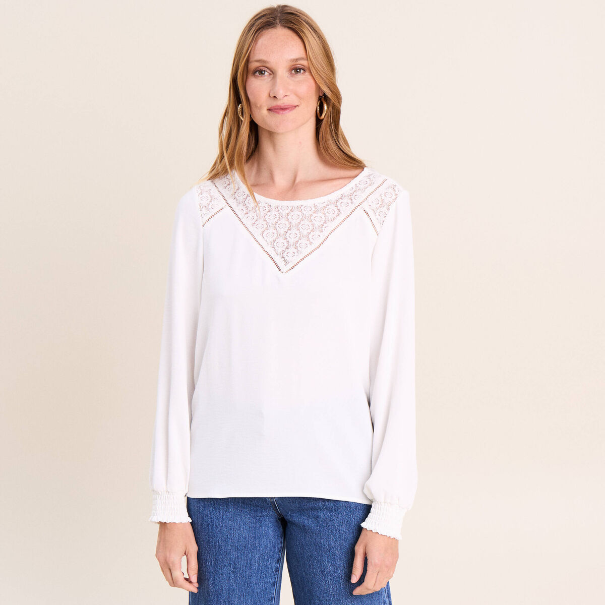 Blouse droite manches longues dentelle ecru femme