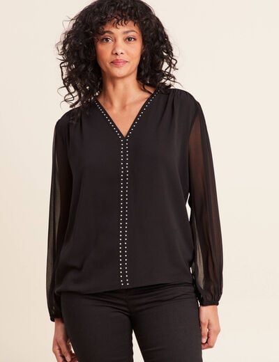 T-shirt col v manches longues noir femme