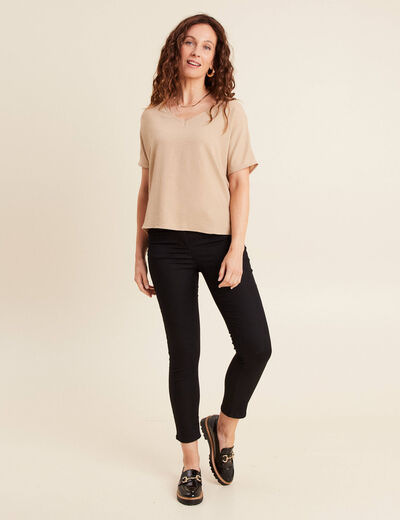 Blouse col v manches 3/4 brillante sable femme