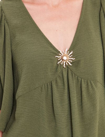 Blouse ample col v manches courtes vert kaki femme